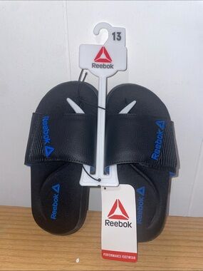 Reebok Black Slides with Blue Logos